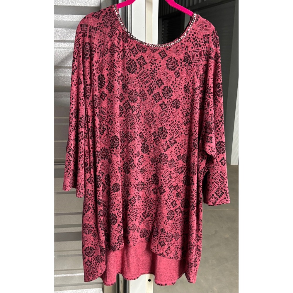 Ruby Rd Woman Pink Black Geometric Studded Neck High Low Tunic Top 2X